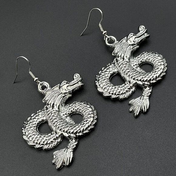 Silver Intricate Asian Inspired Mythical Dragon Dangling Drop Hook Earrings - Picture 1 of 9